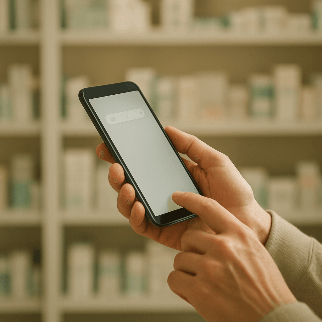 Person searching on their phone how to buy retatrutide with a blurred pharmacy in the background