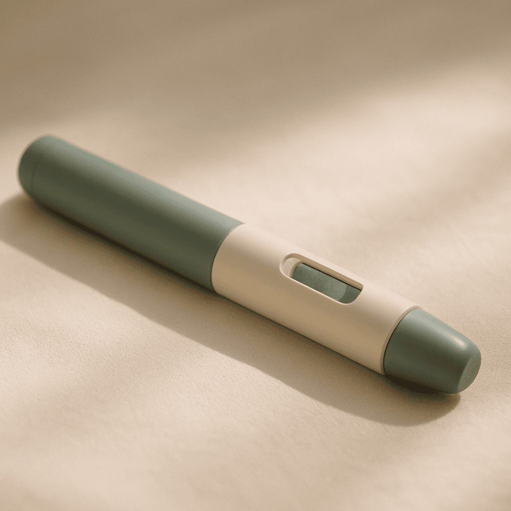 Injectable medication pen on a warm surface representing retatrutide