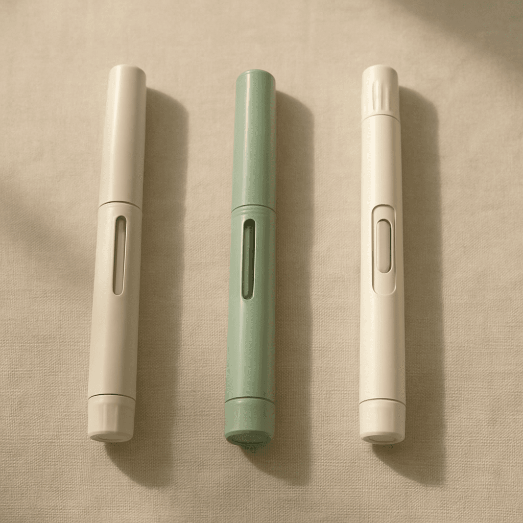 Three injectable pens lined up comparing retatrutide, Ozempic and Mounjaro